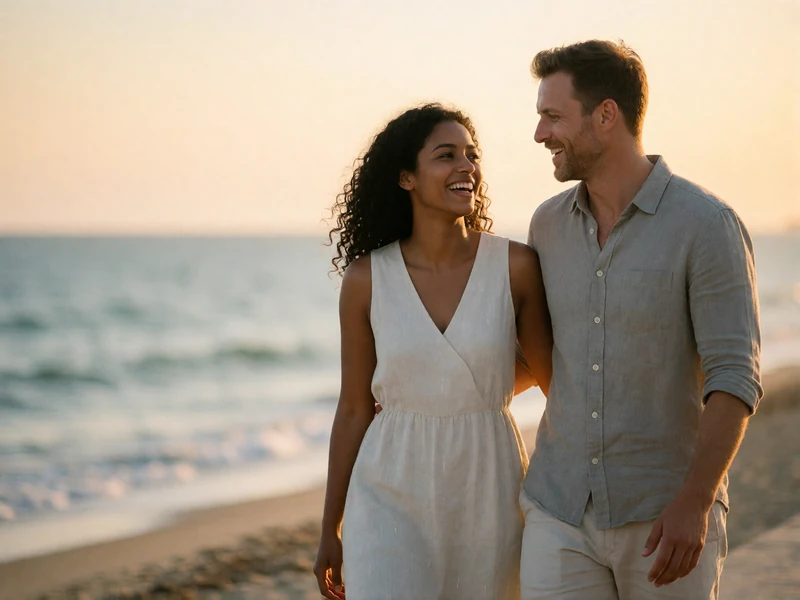 Sri Lankan woman and Western man laughing together on a quiet seaside promenade at golden hour