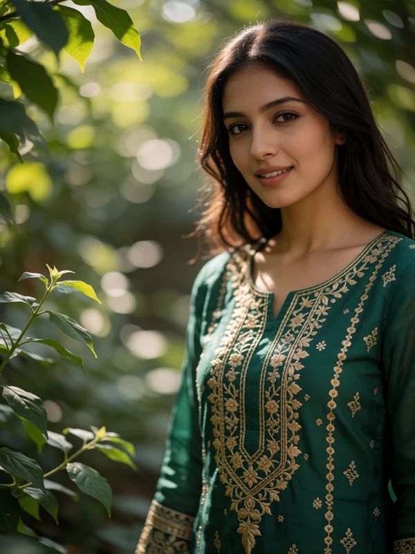 Pakistani woman in a modest embroidered kameez smiling among softly blurred garden greenery