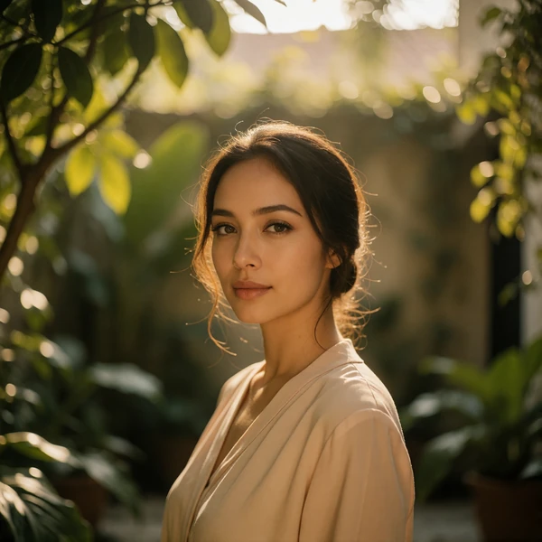 Malaysian woman in her early thirties in a pastel blouse standing in a leafy garden courtyard