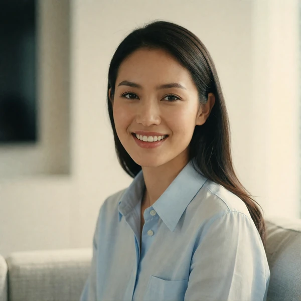 Singaporean woman in her late twenties in a pale blue shirt smiling in a bright contemporary interior