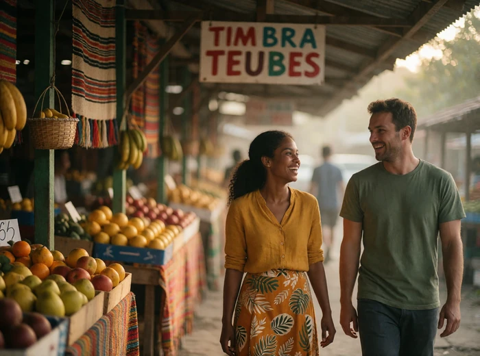 Timorese woman and Western man walking together along a shaded open-air walkway, mid-laugh