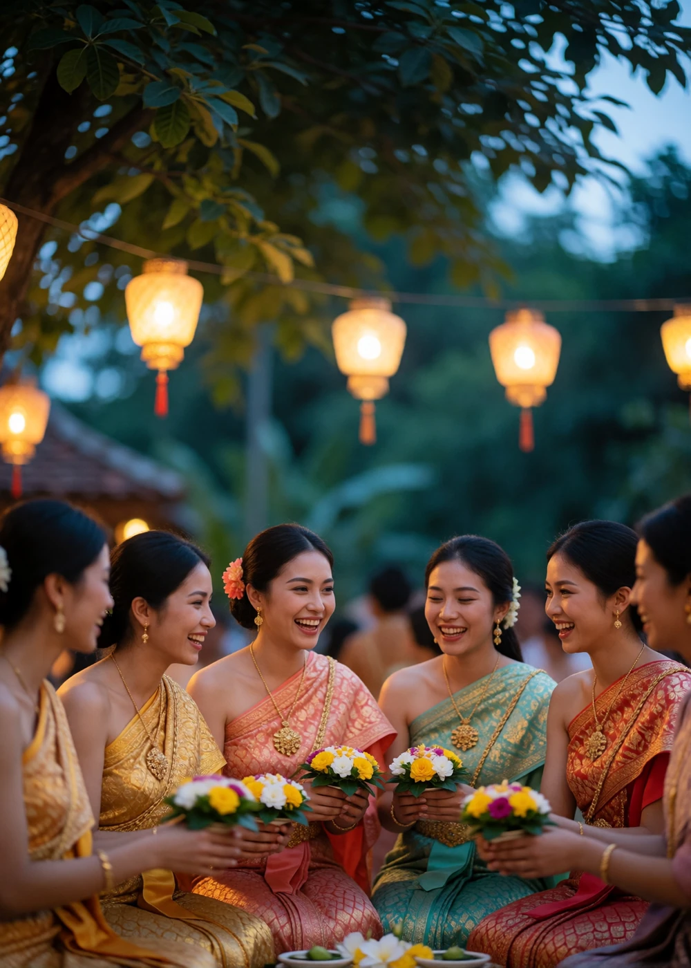 Group of Thai women in colourful traditional silk garments laughing together while arranging floral offerings at an evening celebration