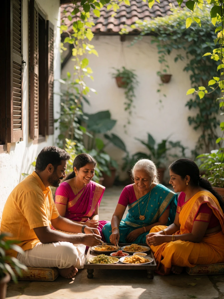 Multigenerational Sri Lankan family sharing a meal together in a sunlit courtyard home during a festival gathering