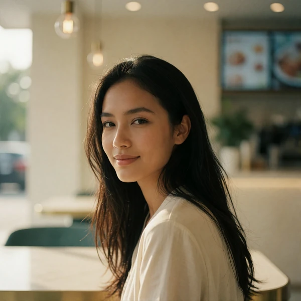 Malaysian woman in her late twenties smiling at a bright modern café table in Kuala Lumpur