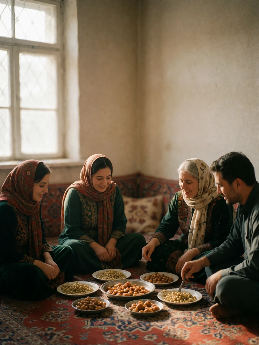 Afghan family sharing a traditional meal seated together on a carpeted floor in warm afternoon light