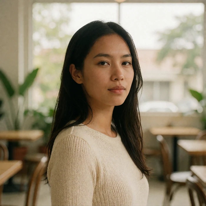 Filipina woman in a cream knit top standing confidently in a bright open-plan cafe interior