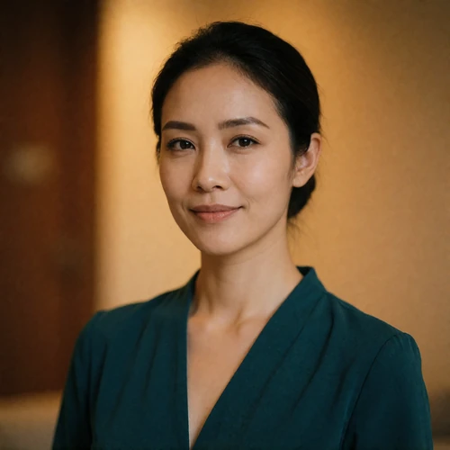 Thai woman in a deep teal silk top with composed direct eye contact, an example EasternSingles member profile photo