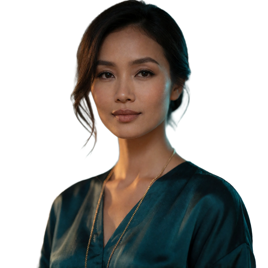 Laotian woman in her early thirties in a deep teal silk garment with a composed confident expression at dusk