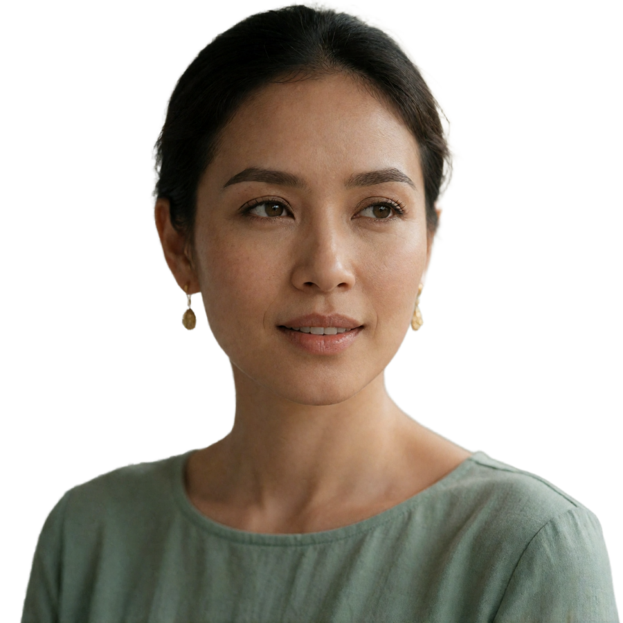Cambodian woman around thirty glancing softly to the side in diffused daylight