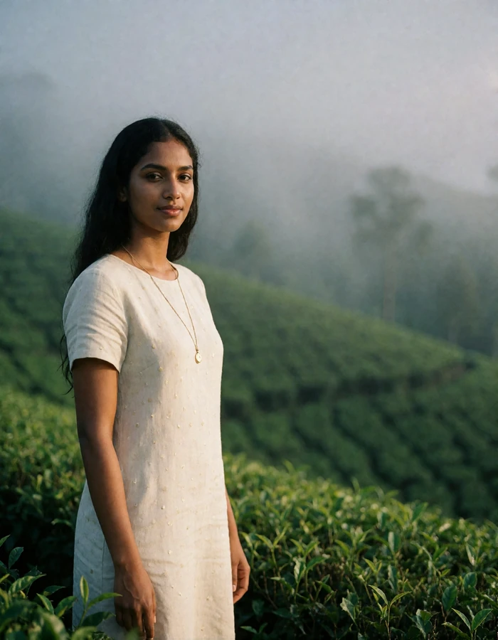 Sri Lankan woman in a cream linen dress standing among misty green tea terraces in the central highlands