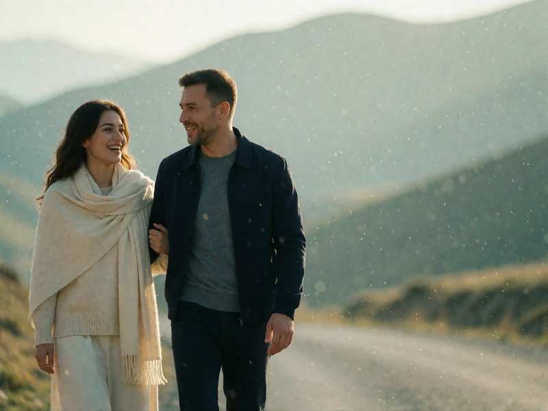 Tajik woman in a cream scarf and a Western man laughing together while walking along an open mountain road