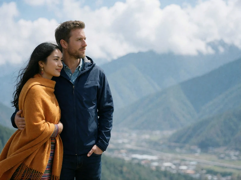 Couple standing together at a windy ridge overlook above a wide mountain valley
