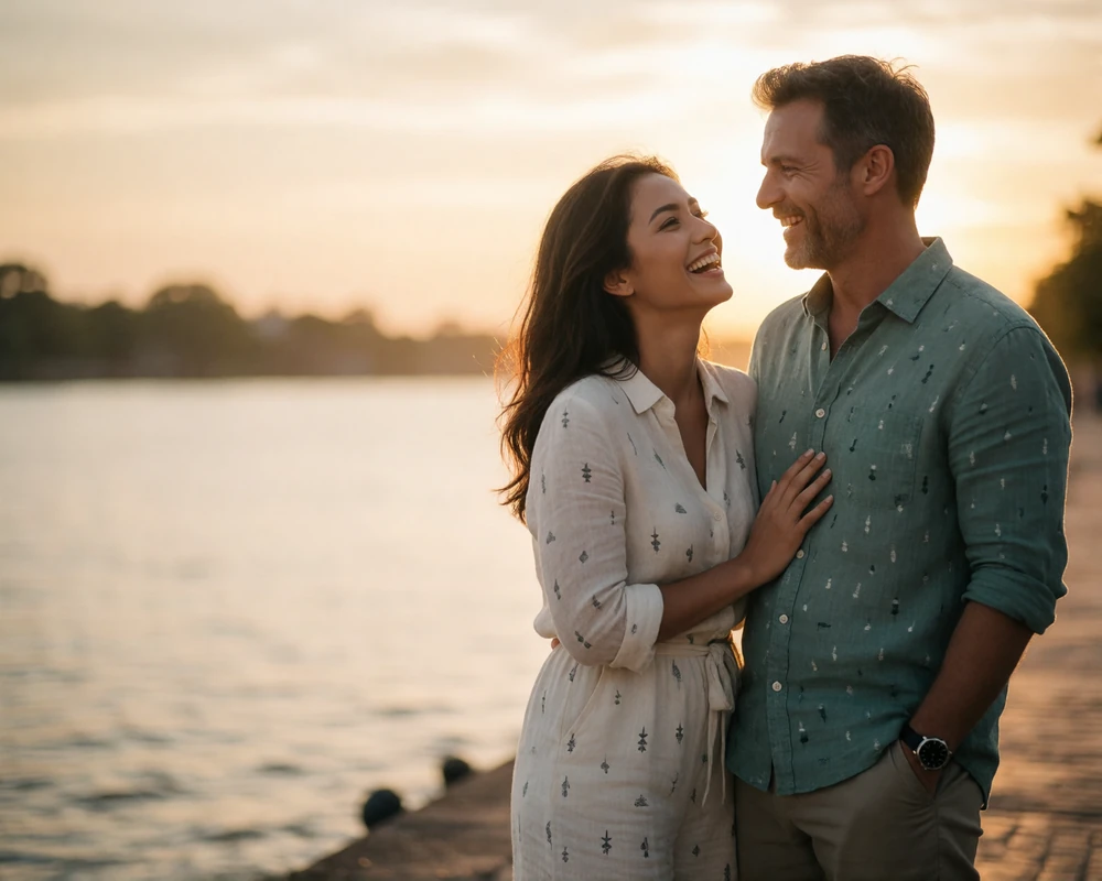 Cambodian woman and Western man laughing together on a riverfront promenade at sunset
