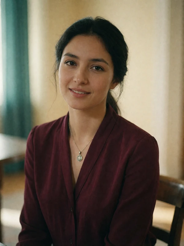 Tajik woman in her late twenties wearing a deep burgundy blouse seated in a bright quiet room