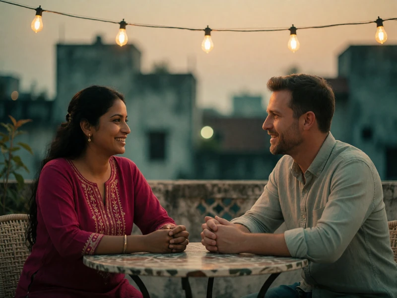 Indian woman and Western man in mid-conversation at a rooftop dinner table under warm string lights at dusk