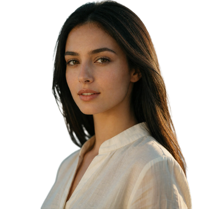 Young Jordanian woman in an ivory blouse smiling with a composed, intelligent expression