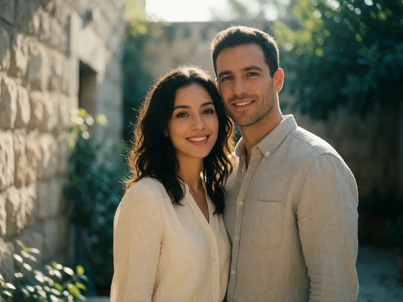 Jordanian woman and Western man smiling together in a sunlit stone courtyard