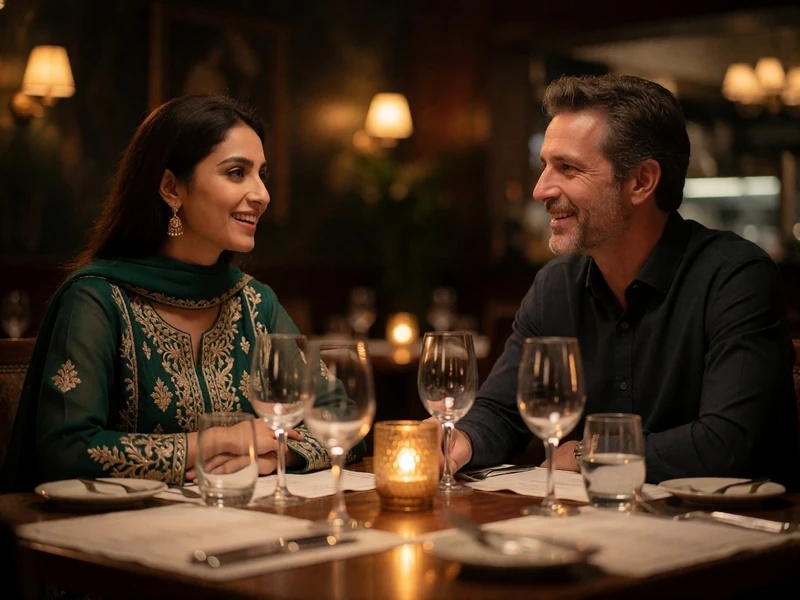 Pakistani woman in a modest embroidered outfit and a Western man smiling across a corner of a dining table in warm lamplight