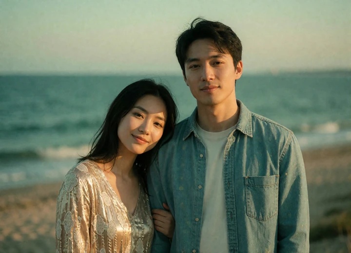 Couple standing shoulder to shoulder at a coastal viewpoint in warm late-afternoon light