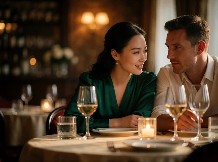 Mongolian woman and Western man leaning in mid-conversation at a quiet restaurant table