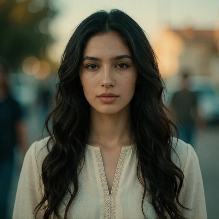 Tajik woman around twenty-eight in a modest cream blouse looking directly at the camera with a calm sincere expression