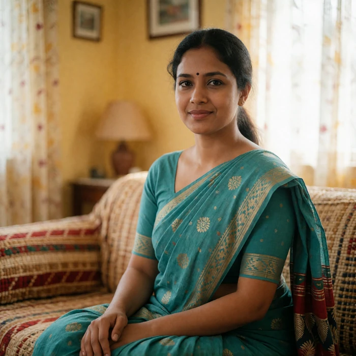 Bangladeshi woman in her early thirties sitting calmly in a bright living room in a modest cotton sari