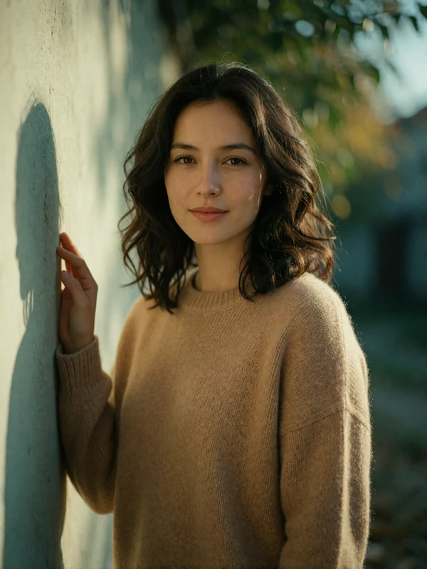 Kyrgyz woman around thirty in a camel knit sweater standing near a sunlit wall
