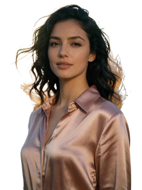 Jordanian woman in a rose-gold silk blouse with an easy, confident smile