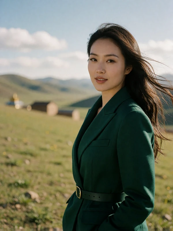 Mongolian woman in a deep green jacket standing on a grassy slope with distant hills behind her