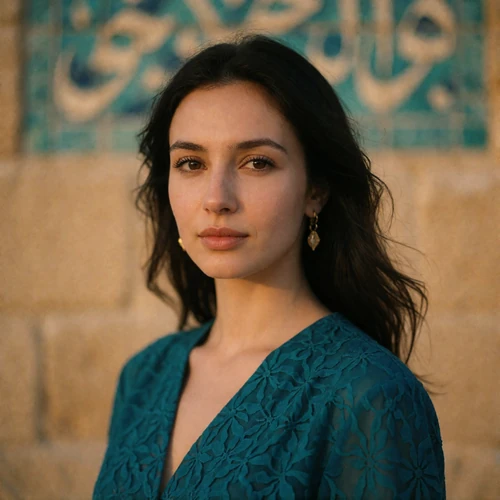 Uzbek woman in a deep turquoise top with small gold earrings, smiling warmly