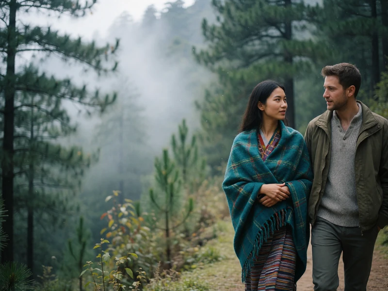 Couple walking together along a pine-lined mountain path in conversation