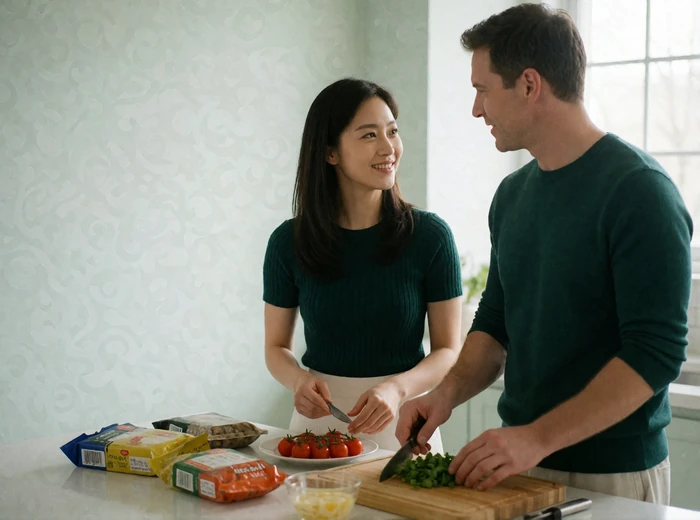 Korean woman and Western man preparing food together at a bright kitchen counter