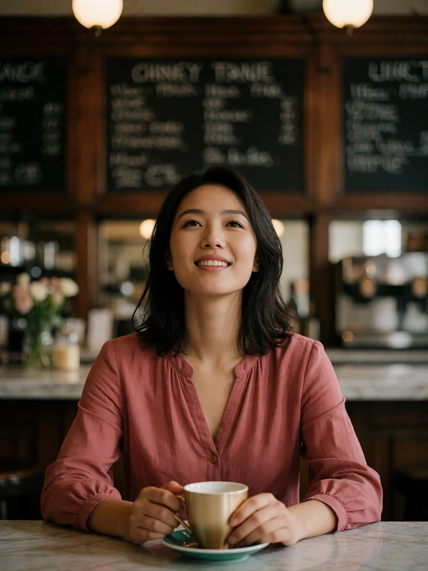 Chinese woman in a rose-coloured blouse seated at a marble cafe counter