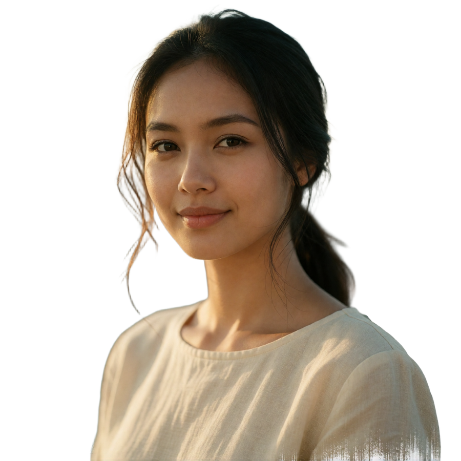 Thai woman in her late twenties smiling warmly in soft late-afternoon light