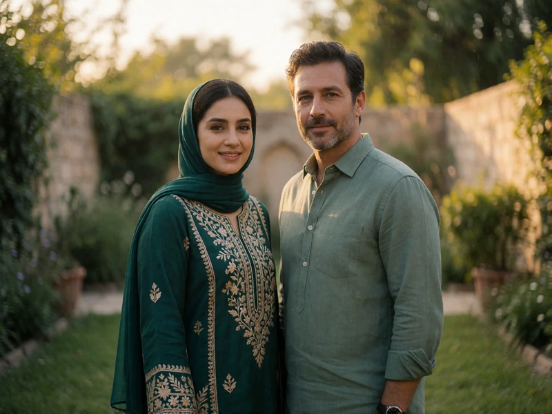 Pakistani woman in modest embroidered dress and a Western man standing together in a quiet walled garden