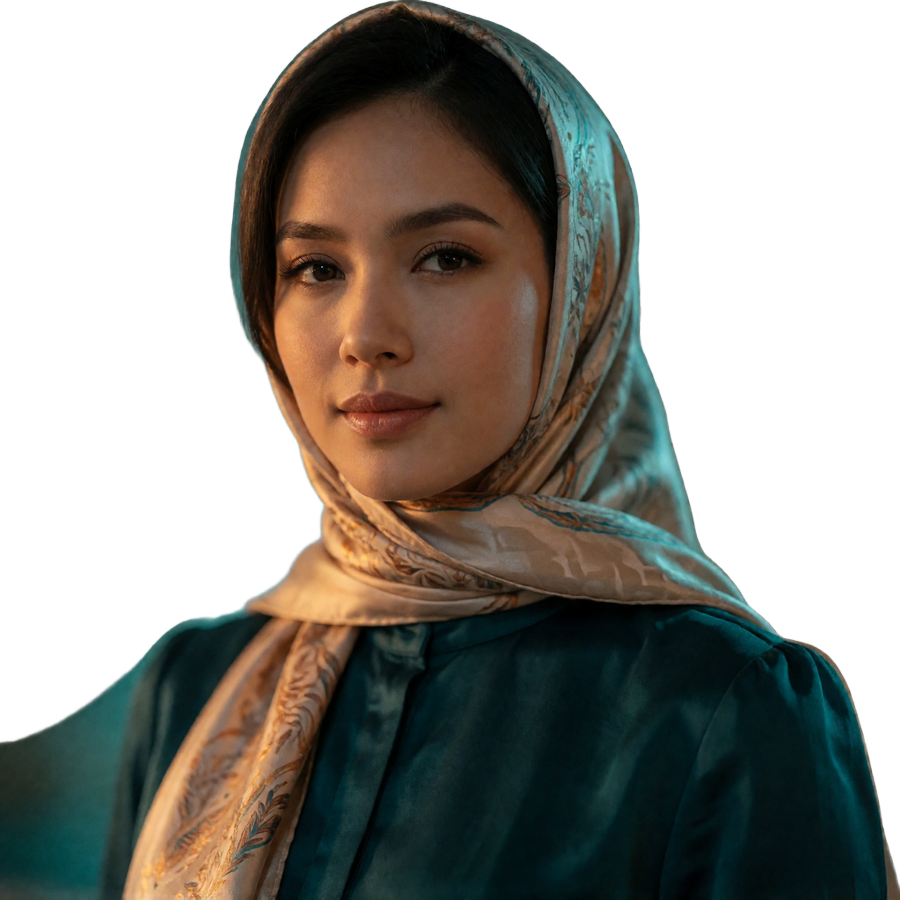Indonesian woman in her early thirties wearing a champagne headscarf with a composed confident smile