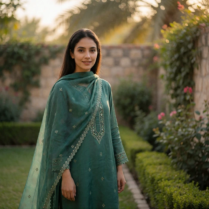 Pakistani woman in her early thirties in a flowing modest kameez smiling gently in a quiet walled garden