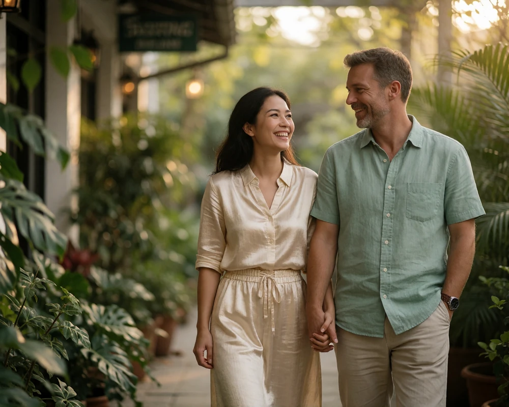 Thai woman and Western man strolling together and laughing along a softly lit open-air walkway