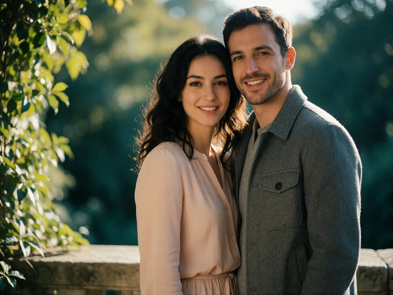 Armenian woman and Western man standing close together on a stone terrace