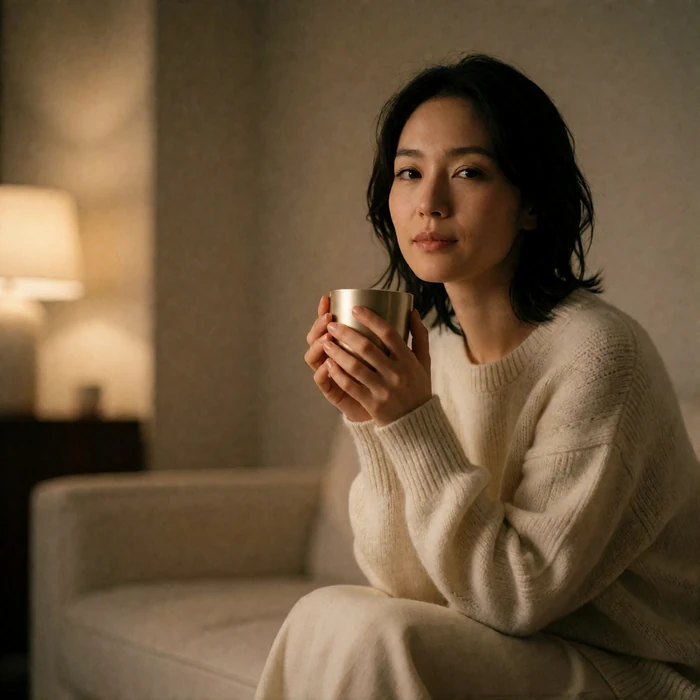 Japanese woman in her early thirties seated on a sofa holding a warm cup in a minimalist apartment