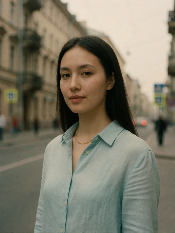 Kazakh woman in her late twenties in a pale blue linen shirt on a quiet city street, an example EasternSingles member profile photo