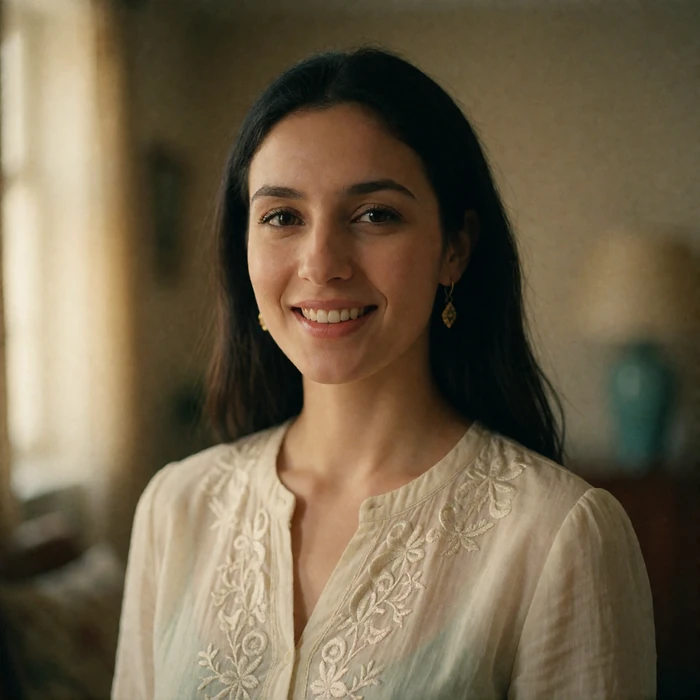 Turkmen woman in her early thirties smiling warmly indoors in soft window light