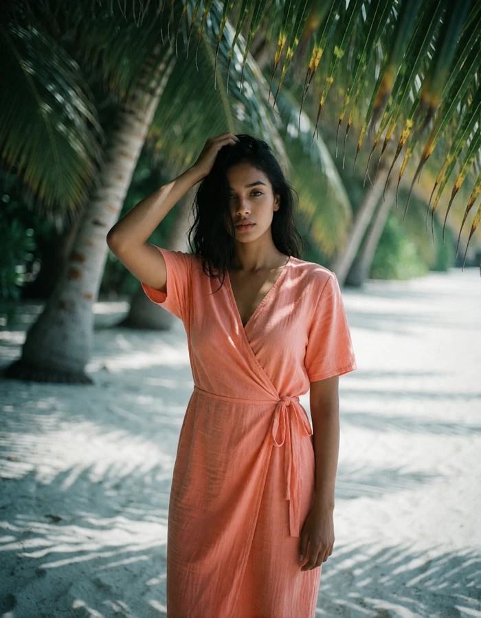 Maldivian woman in her early thirties standing in the shade of coconut palms on a quiet white-sand shore