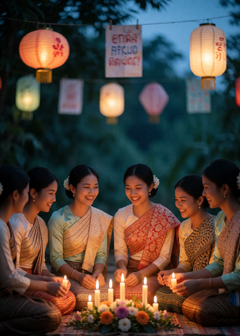 Group of Laotian women in traditional woven sinh skirts and silk blouses sharing a joyful moment at an evening community celebration