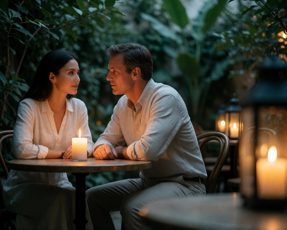 Cambodian woman and Western man leaning toward each other at a candlelit courtyard dinner table