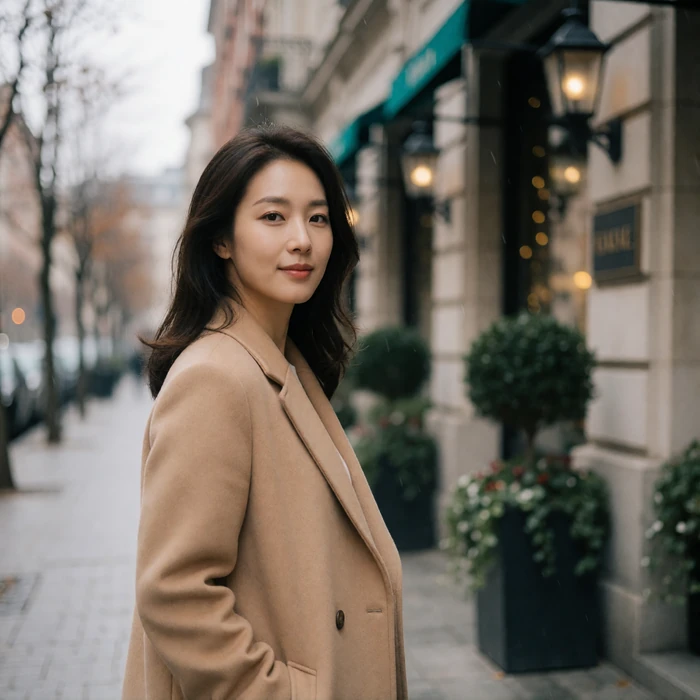 Korean woman in a tailored beige coat walking along an upscale street, a verified EasternSingles member