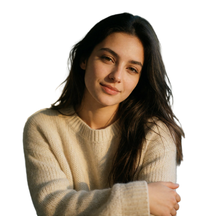Armenian woman in a cream knit sweater smiling gently in warm afternoon light