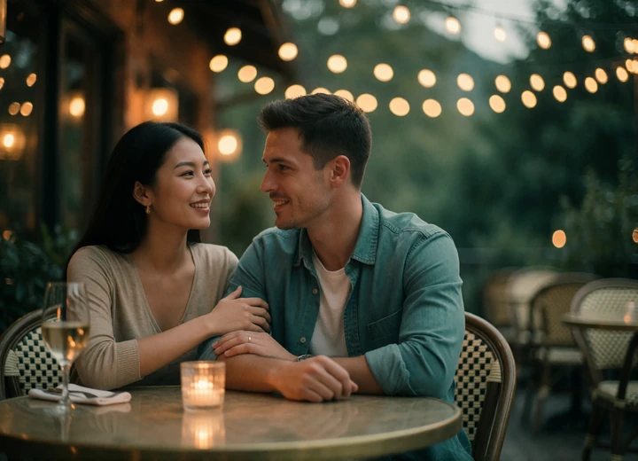 Couple sitting close at an outdoor restaurant table under soft string lights in the evening