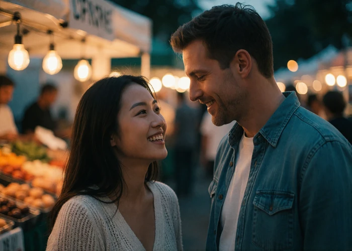 Couple sharing a relaxed moment at an evening street market surrounded by warm amber light