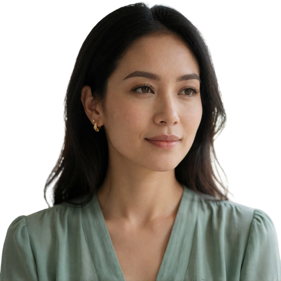 Thai woman around thirty glancing softly toward natural window light in a quiet cafe